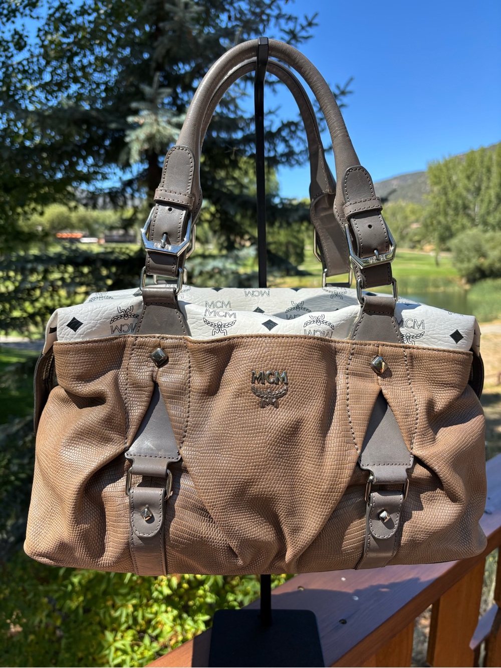 MCM Brown and White Logo extra large vintage Satchel or duffel Bag